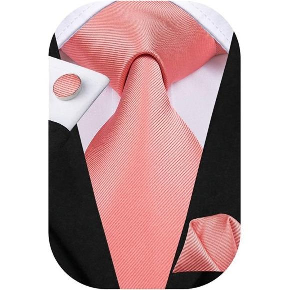 Mens Paisely Silk Tie for Men Necktie and Pocket Square Set Coral